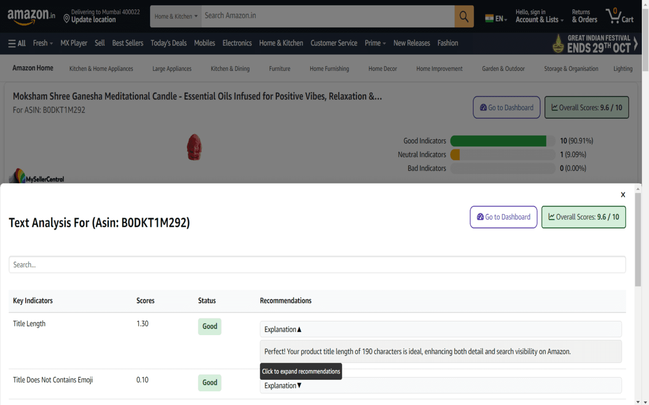 MSC Extension text analysis modal breaking down listing title and content indicators