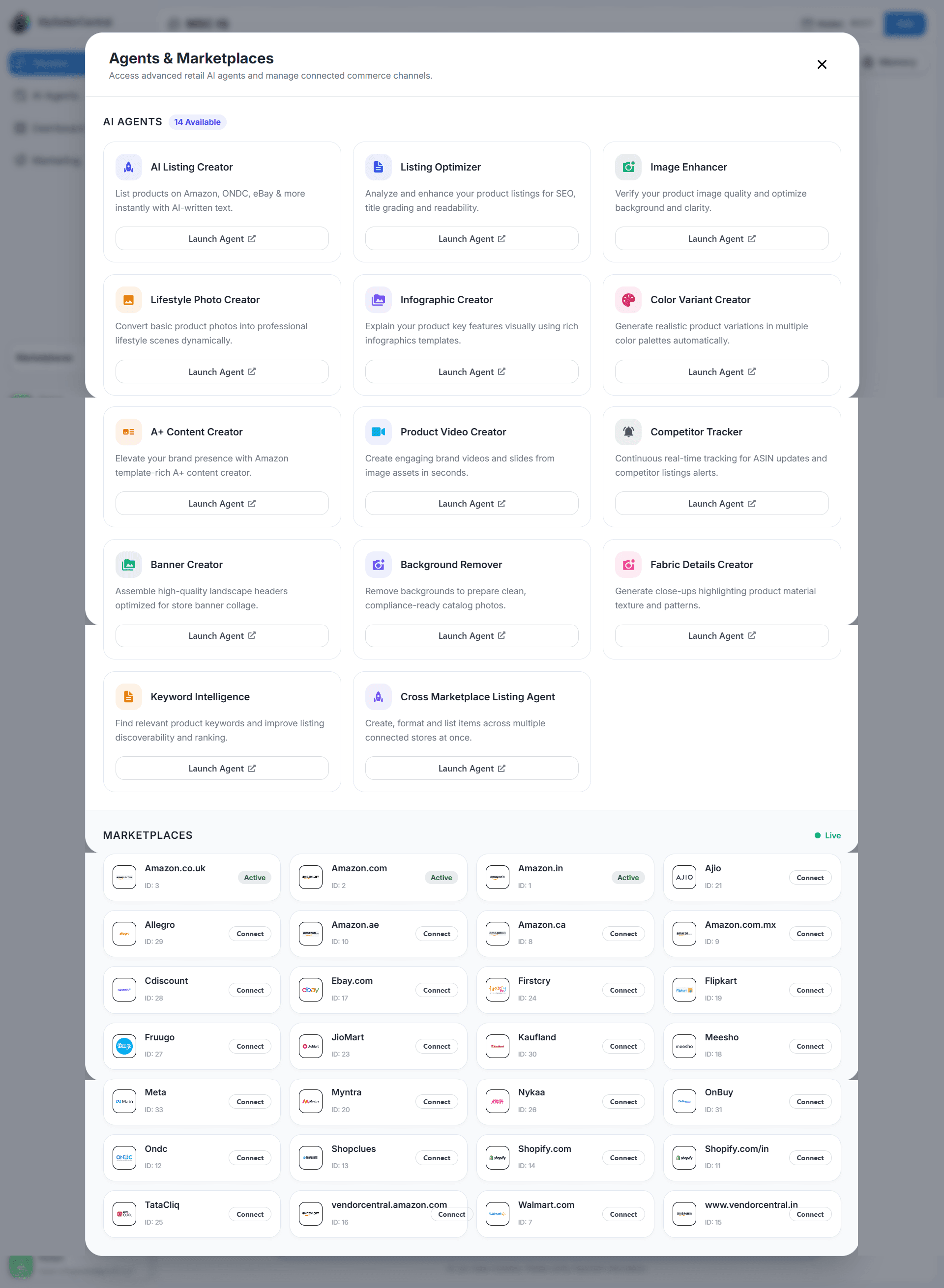 MSC IQ Agents and Marketplaces modal listing 14 agents and 30+ marketplace connections