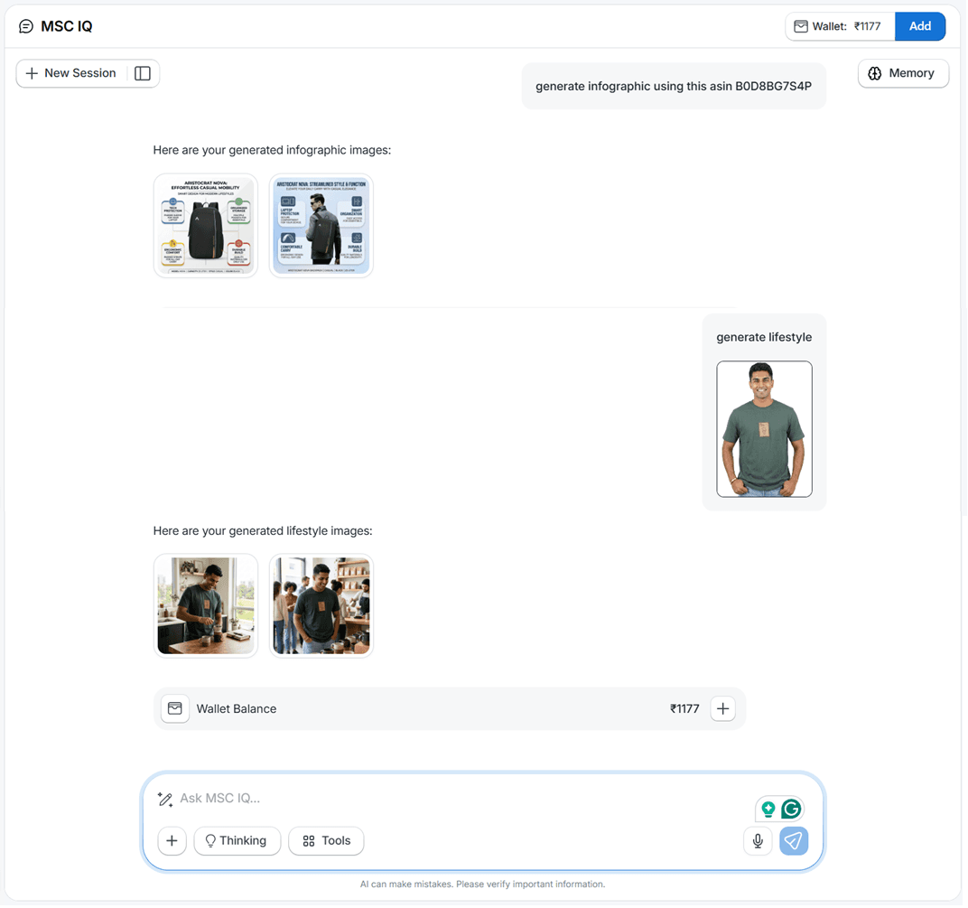 MSC IQ chat showing generated infographic images inline in the conversation