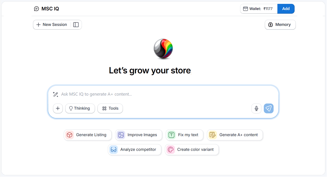 MSC IQ chat interface with quick actions for listing, image, and competitor tasks