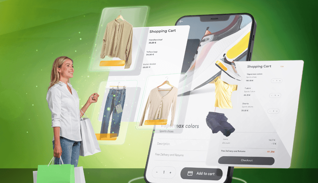 A shopper browsing product listings across devices